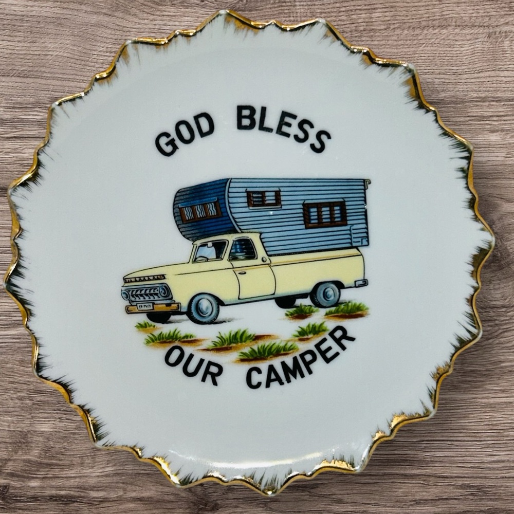 Vintage God Bless Our Camper Old Ford Truck Decorative Plate Camping Parks